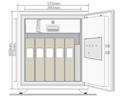 Illustration eines Tresors mit Ordnern und Größenangaben