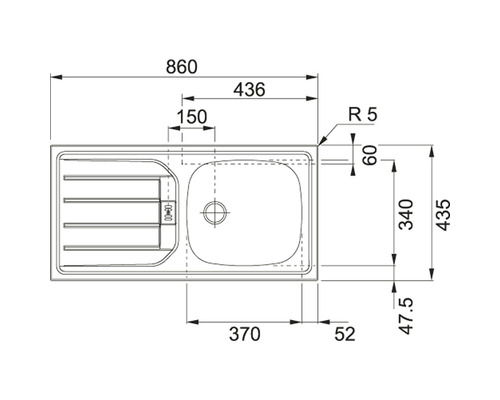 Zeichnung einer Spüle mit Maßangaben