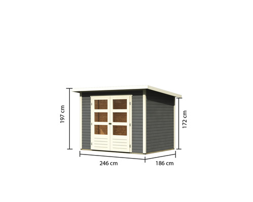 Gartenschuppen aus Holz mit Doppeltür und Maßangaben