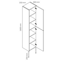 Skizze eines Hochschranks mit Einlegeböden und zwei geöffneten Türen, Maße 1600 x 350 x 300 mm