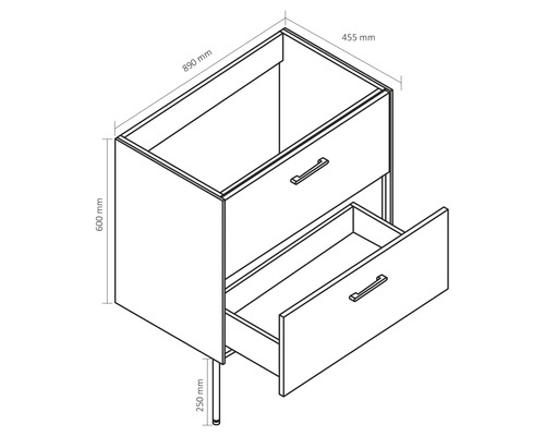 Zeichnung eines Waschtischunterschranks mit Schubladen und Maßangaben