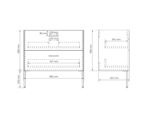 Technische Zeichnung eines Waschtischunterschranks mit Maßen
