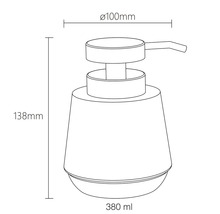 Skizze eines Seifenspenders mit den Maßen 138 mm Höhe, 100 mm Durchmesser und 380 ml Fassungsvermögen