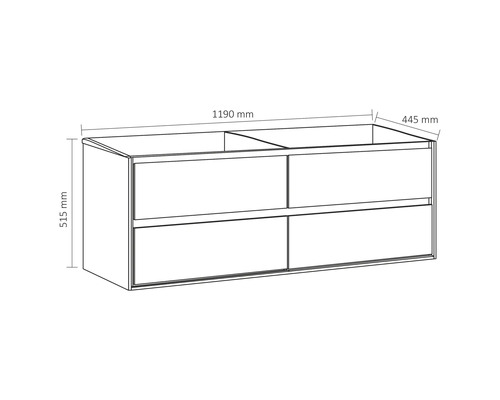 Technische Zeichnung eines Waschtischunterschranks mit den Maßen 1190 mm Breite, 515 mm Höhe und 445 mm Tiefe.