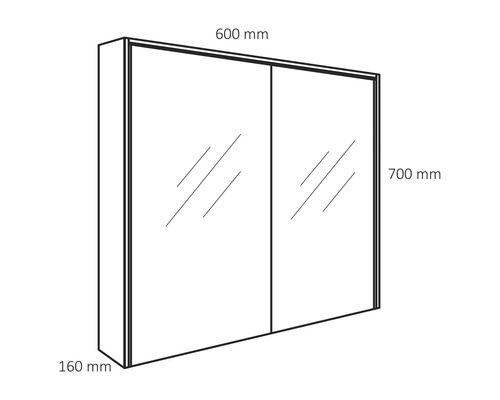 Abbildung eines Spiegelschranks mit den Maßen 600 mm Breite, 700 mm Höhe und 160 mm Tiefe.