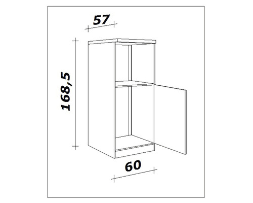 Technische Zeichnung eines Hängeschranks mit den Maßen Höhe 168,5 cm, Breite 60 cm und Tiefe 57 cm.