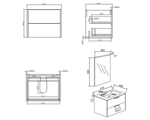 Technische Zeichnung eines Badezimmer-Waschtischsets mit Spiegel und Unterschrank mit Schubladen