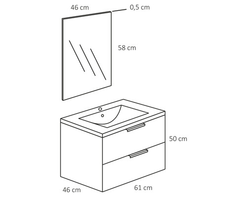 Zeichnung eines Waschtischunterschranks mit zwei Schubladen, Waschbecken und Spiegel mit Maßangaben