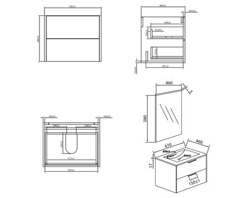 Produktmaßzeichnung für einen Waschtisch mit Spiegel