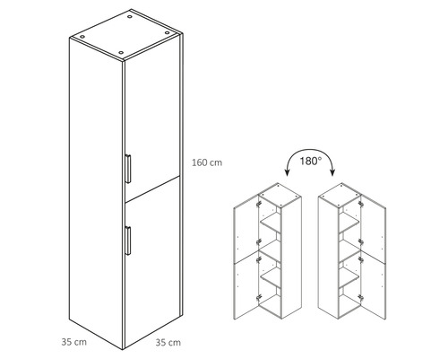 Illustration eines Badezimmerschranks mit zwei Türen und den Maßen 35 mal 35 mal 160 Zentimeter.