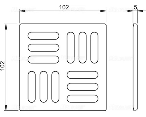 Technische Zeichnung eines quadratischen Ablaufs mit Schlitzen und den Maßen 102 x 102 x 5 mm.