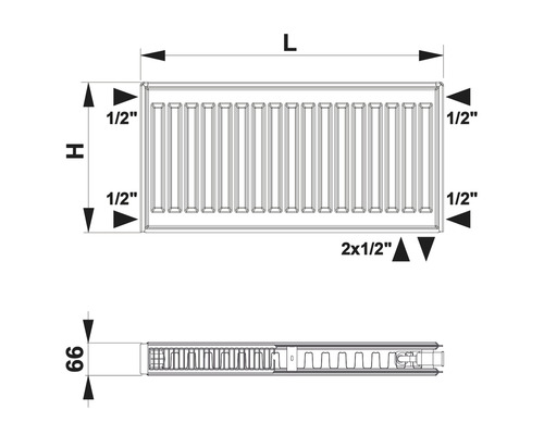 Technische Zeichnung eines Heizkörpers mit Maßangaben