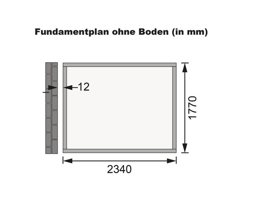 Fundamentplan ohne Boden mit Maßangaben in Millimeter