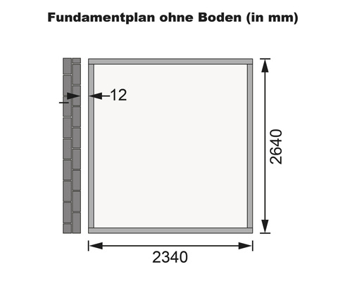 Fundamentplan ohne Boden mit den Maßen 2340 mal 2640 Millimeter