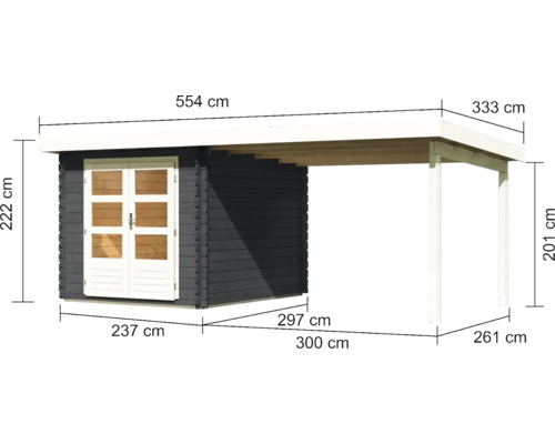Abmessungen eines Gartenhauses mit Anbau