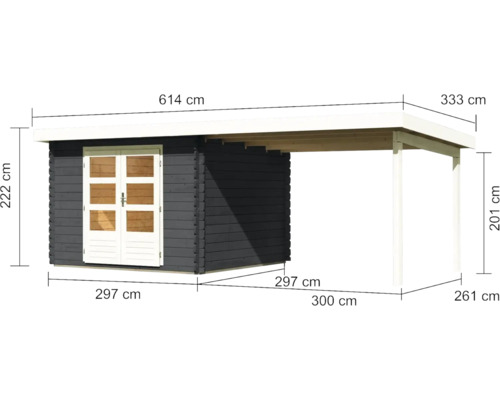 Gartenhaus mit Vordach und Maßangaben