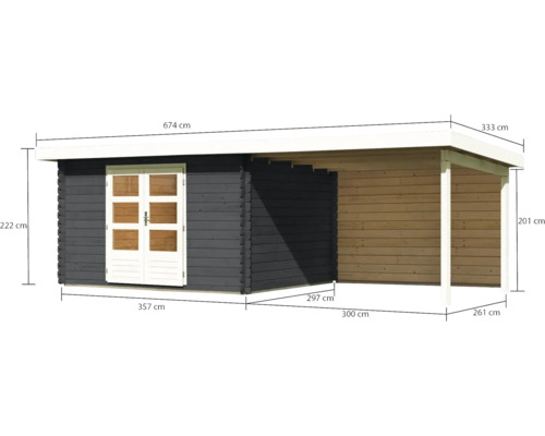 Abmessungen eines Gartenhauses mit überdachter Terrasse.