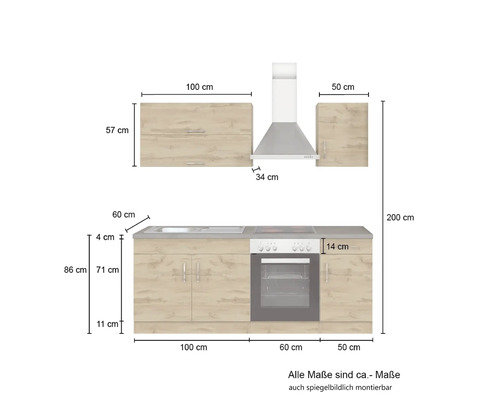 Küchenzeile mit Hängeschränken, Dunstabzugshaube und Elektrogeräten mit Maßangaben