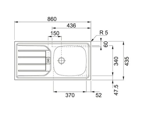 Technische Zeichnung einer Küchenspüle mit Maßangaben.