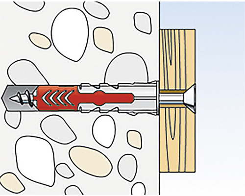 Illustration einer Dübelbefestigung in einer Betonwand mit einer Holzplatte