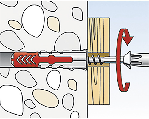 Illustration einer Dübelbefestigung in Mauerwerk mit Schraube in Holz