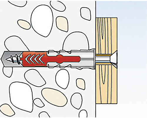 Illustration einer Dübelbefestigung in einer Wand mit einer Holzplatte.