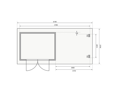 Grundrisszeichnung eines Gartenhauses mit Maßangaben