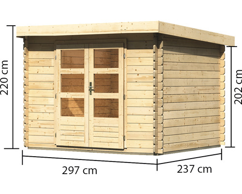 Holzgartenhaus mit den Maßen 297 mal 237 mal 220 Zentimeter