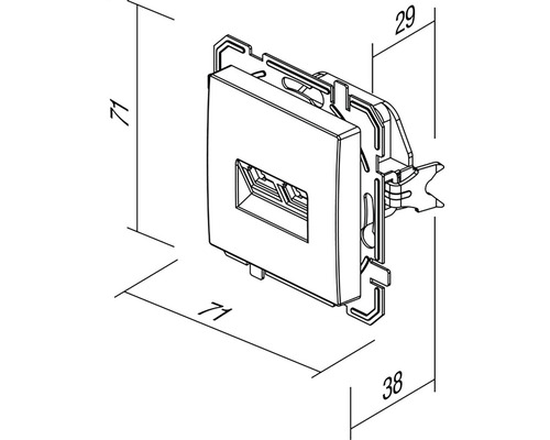 Technische Zeichnung einer Datendose mit Maßangaben.