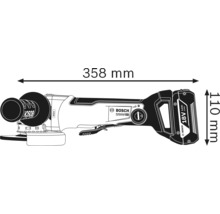 Zeichnung eines Winkelschleifers mit Maßangaben: Länge 358 mm, Höhe 110 mm.