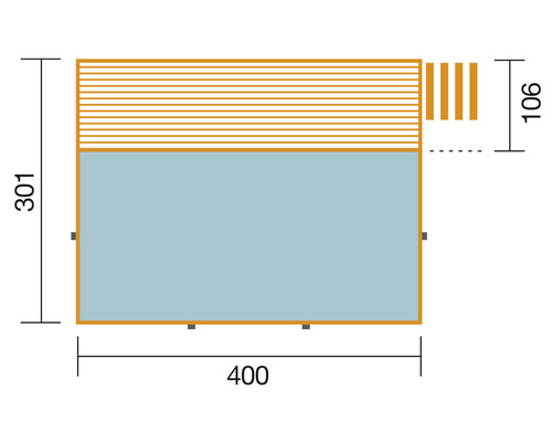 Grundriss einer Gartenhütte mit den Maßen 400 mal 301 mal 106 Zentimeter