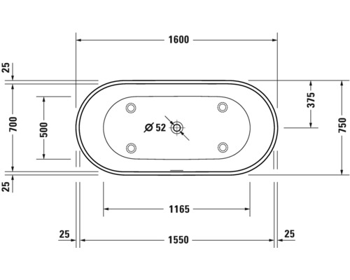 Technische Zeichnung einer Badewanne mit Maßangaben