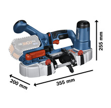 Bosch Akku-Bandsäge mit den Maßen 355 mm x 200 mm x 255 mm.