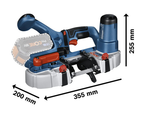 Bosch Akku-Bandsäge mit den Maßen 355 mm x 200 mm x 255 mm.