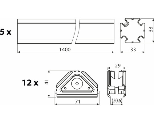 Technische Zeichnung mit Maßangaben zu Profilen und Zubehör