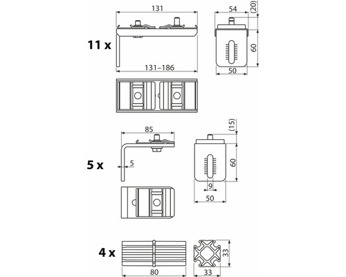 Technische Zeichnung von Befestigungselementen mit Maßangaben