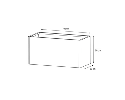 Abbildung eines Pflanzkastens mit den Maßen 100 cm Länge, 50 cm Breite und 50 cm Höhe.