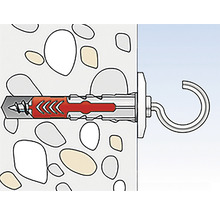 Illustration eines Dübels mit einem Haken in einer Wand