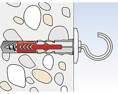 Illustration eines Dübels mit einem Haken in einer Wand