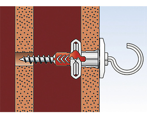 Illustration einer Hohlraumdübelbefestigung mit Schraube und Haken in einer Wand