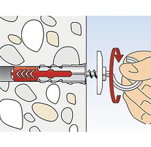 Illustration einer Dübelmontage in einer Wand mit Schraube und Ring