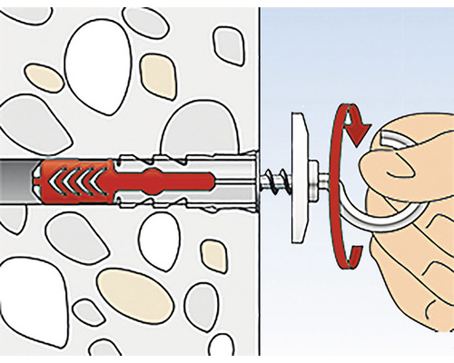 Illustration einer Dübelmontage in einer Wand mit Schraube und Ring