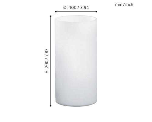 Weißer Glaszylinder mit den Maßen Höhe 200 Millimeter und Durchmesser 100 Millimeter