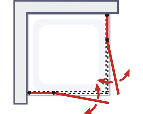 Darstellung einer Duschkabine mit Dichtungen und roten Pfeilen zur Verdeutlichung der Abdichtung