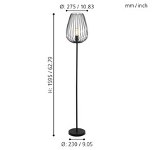 Abmessungen einer schwarzen Stehlampe mit Lampenschirm aus Draht