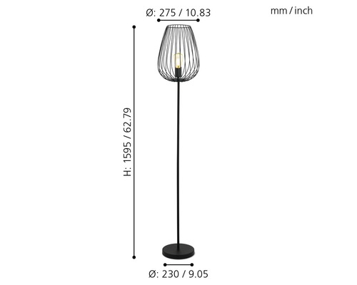 Abmessungen einer schwarzen Stehlampe mit Lampenschirm aus Draht