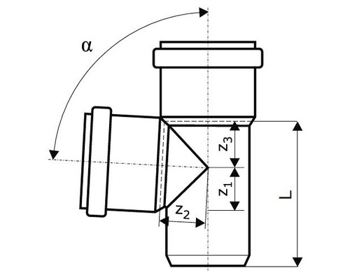 Technische Zeichnung eines Abwasserrohr-T-Stücks mit Winkelangabe