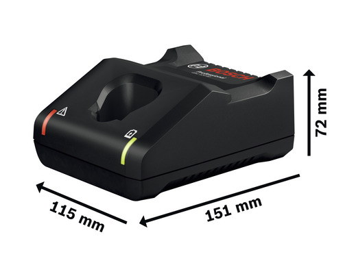 Bosch Ladegerät mit den Maßen 115 mm mal 151 mm mal 72 mm