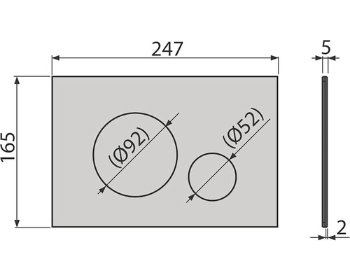 Technische Zeichnung einer Platte mit zwei Aussparungen und Maßangaben.