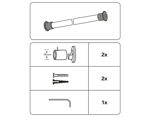 Abbildung der Bauteile einer Duschstange mit Schrauben und Montagematerial